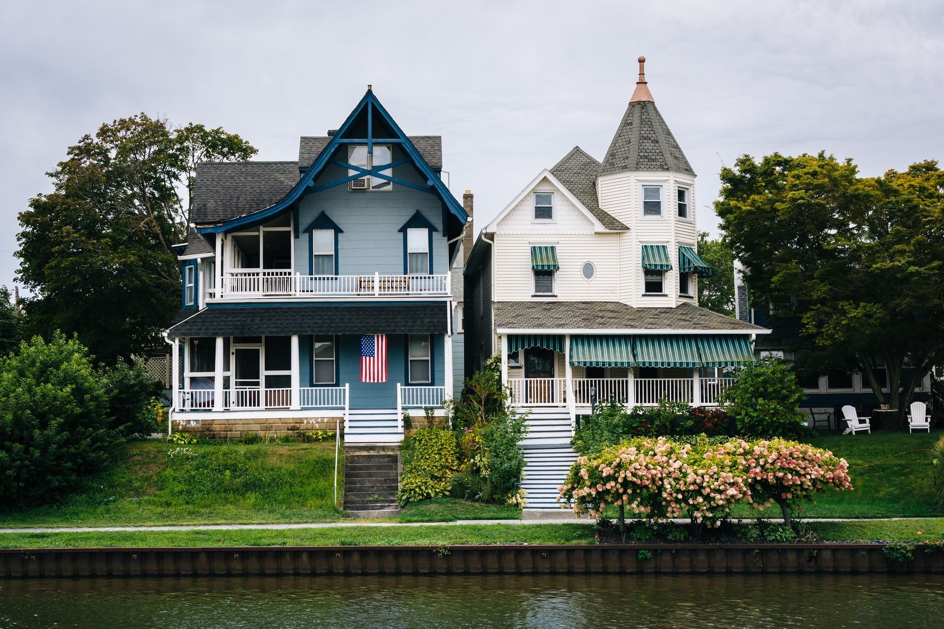 Houses along Wesley Lake in Asbury Park New Jersey.